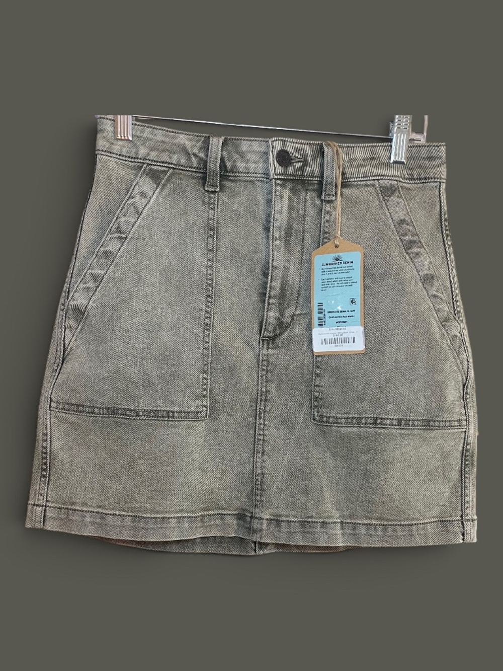 Faherty Elle Maxine Olive Haze Wash Sunwashed Denim A-Line Mini Skirt Size 4 NWT